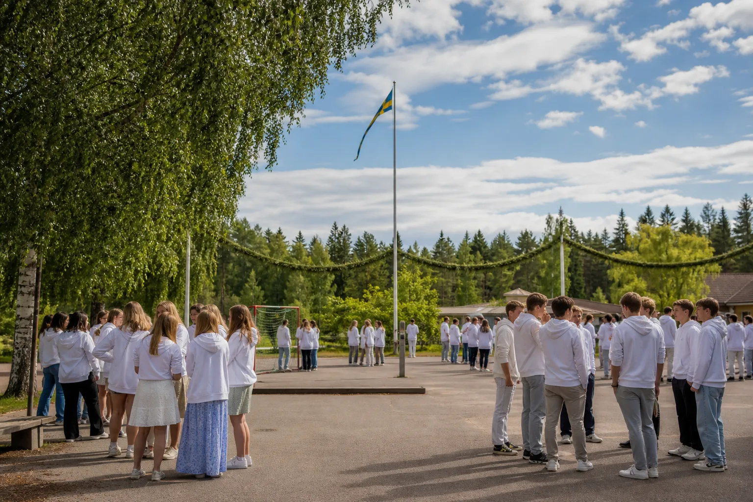 Illustration av elever i tryckta klasströjor som samlas kring flaggstången på skolavslutningen