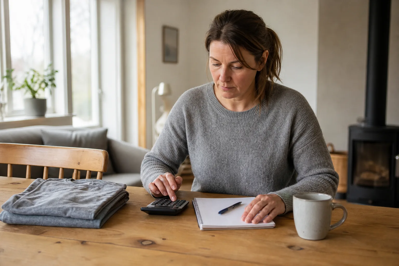 Illustrativt stilleben med en hög vikta klasströjor, en prislapp och en miniräknare på ett bord