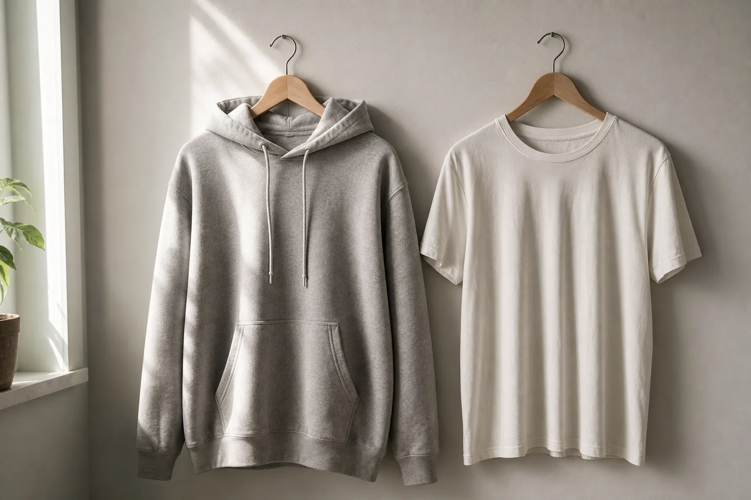 Hoodie och t-shirt hängande sida vid sida på varsin galge, illustrativt