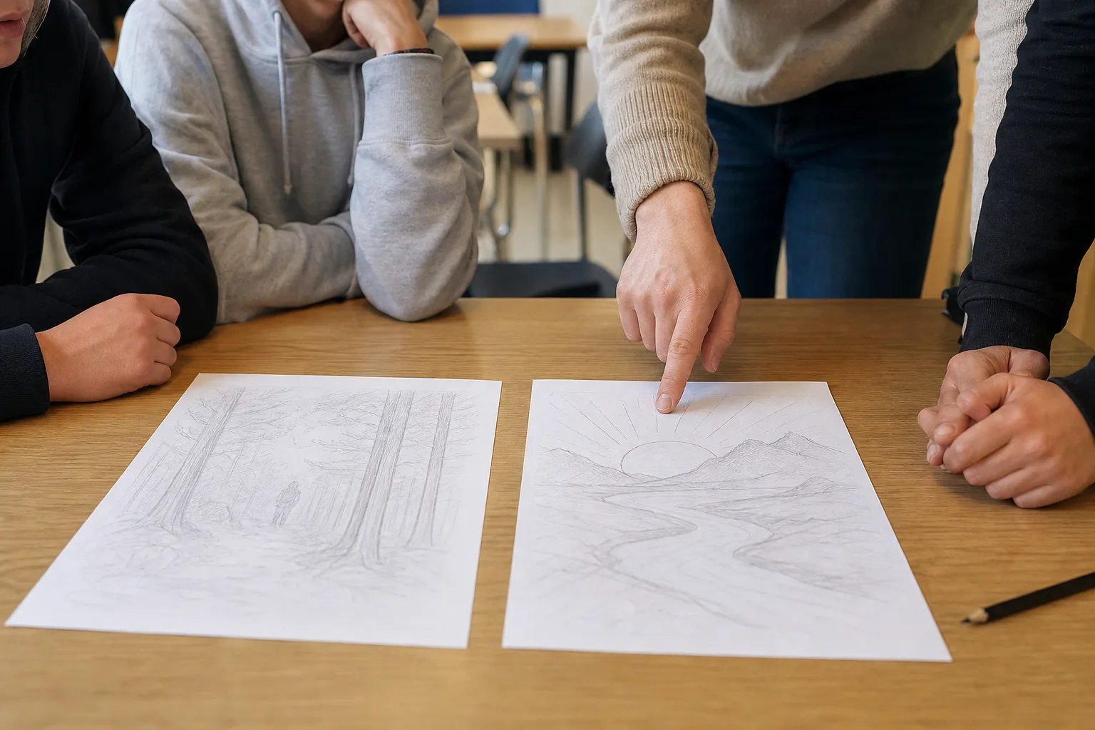 Ett färdigt galleritryck och en handritad originaldesign jämförda sida vid sida på varsin tröja