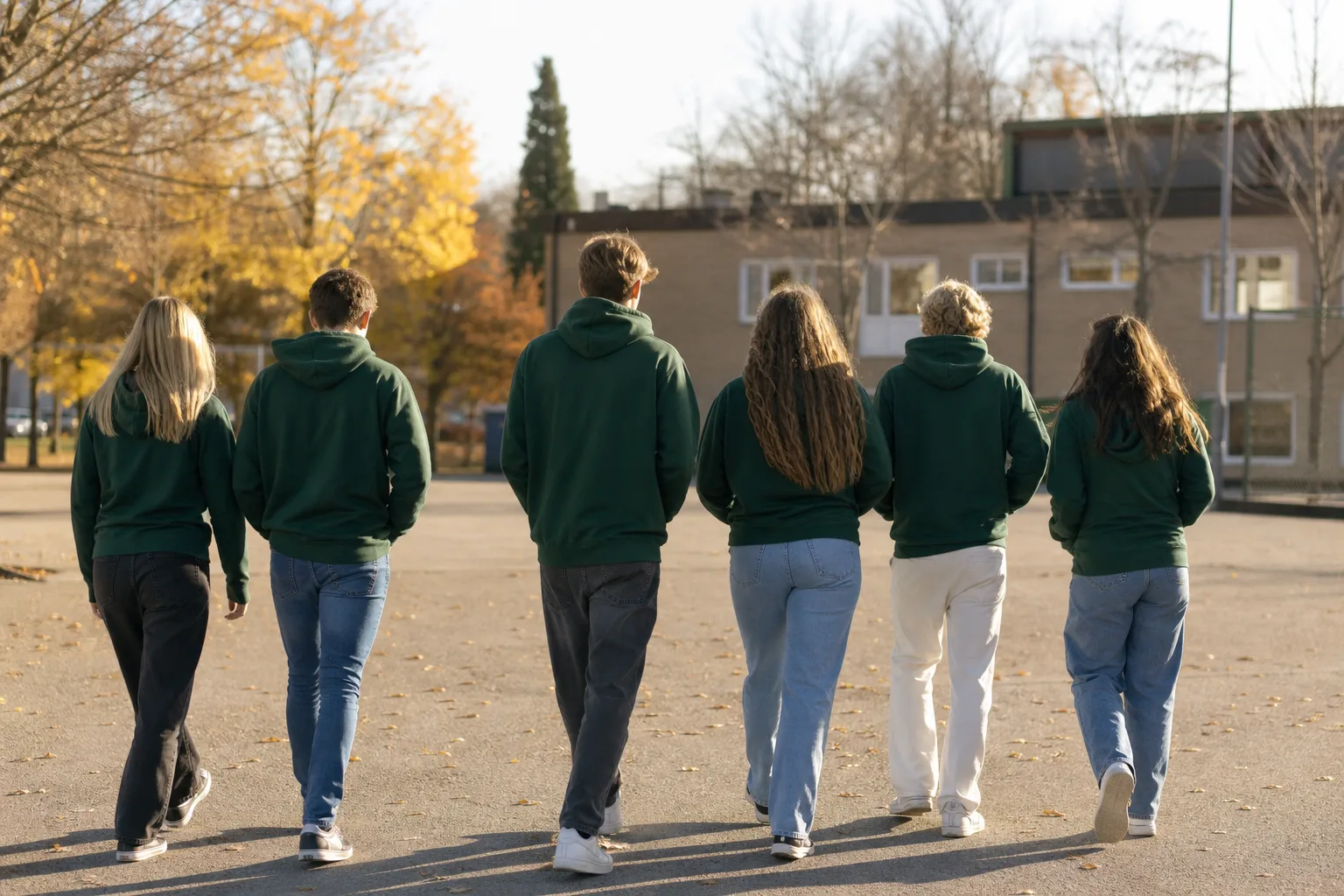 Illustration av en skolklass som tillsammans håller upp en klasströja med ett stort tryck på ryggen