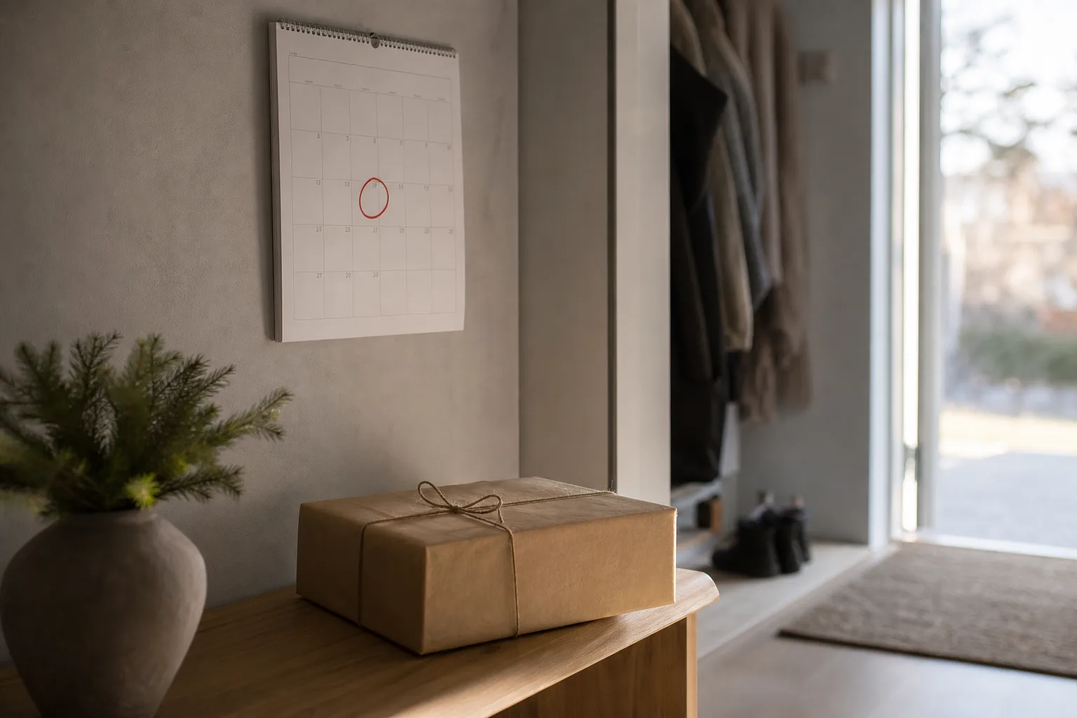 Kalender med ett inringat datum och ett paket bredvid, illustrativt
