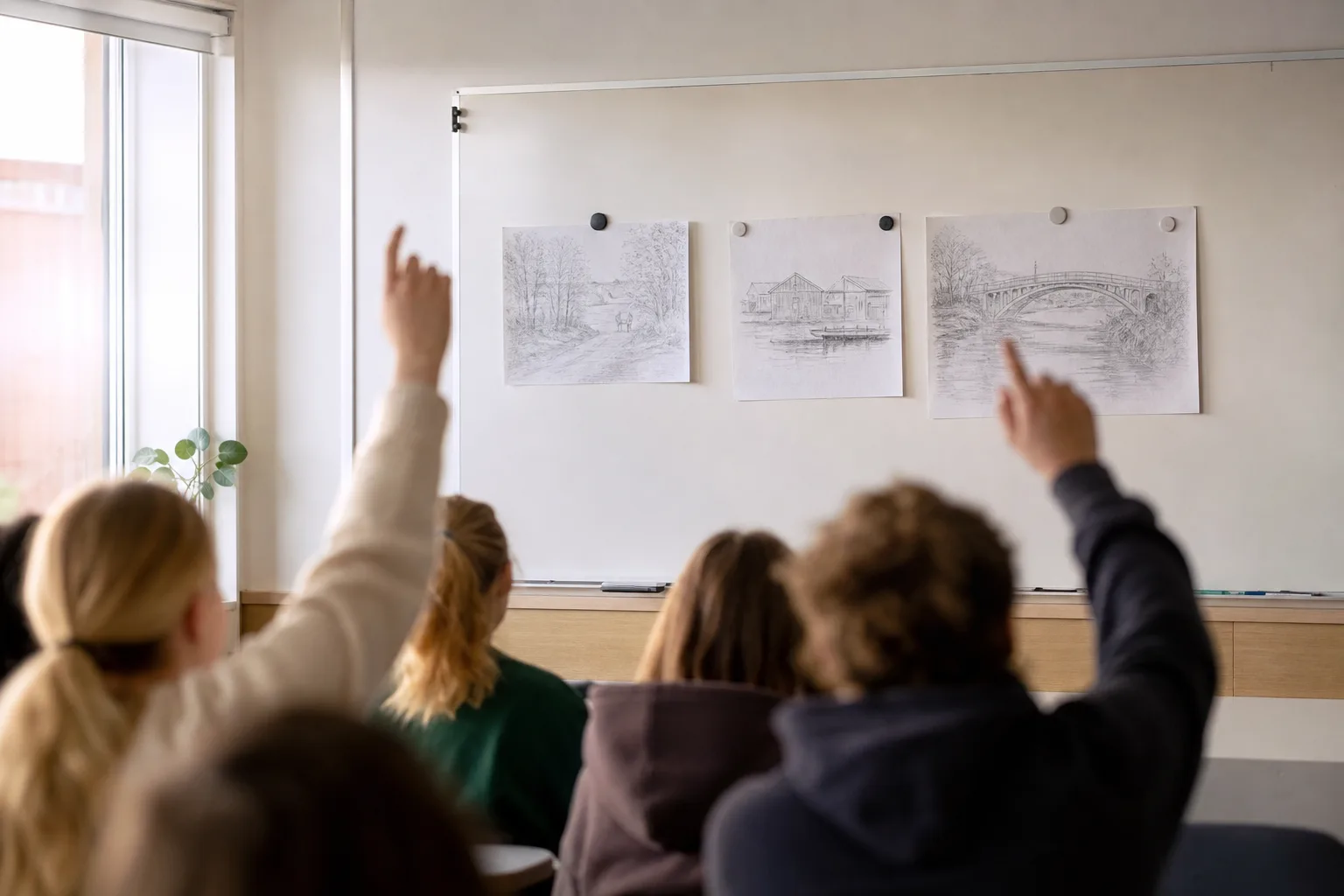 Illustration av en klass som röstar mellan tre designförslag på en whiteboard