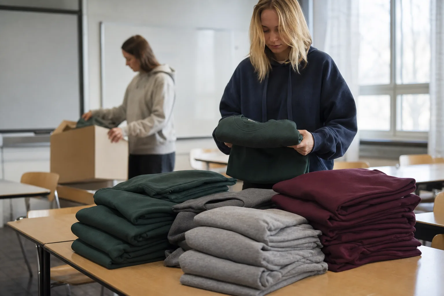 Illustration av en skolklass på skolgården i matchande gröna hoodies med tryck i ryggen