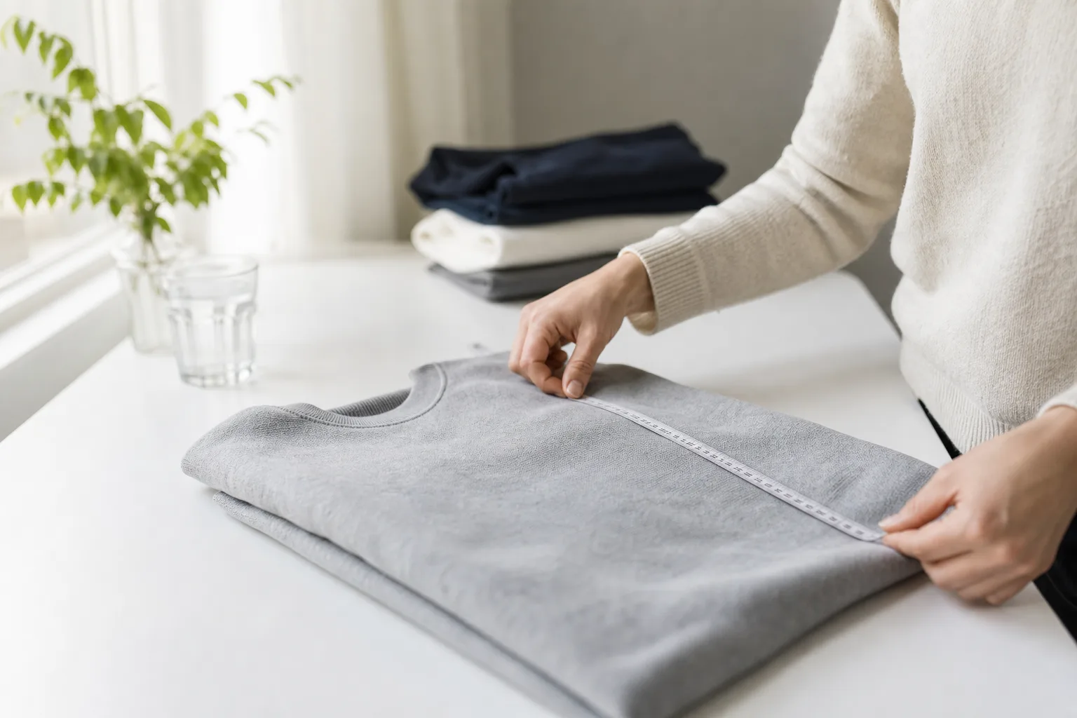 Måttband draperat över en hopvikt tröja, illustrativt